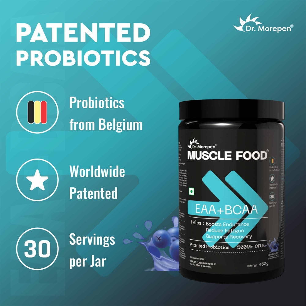 Dr. Morepen MUSCLE FOOD EAA+BCAA - BLUE RASPBERRY (450 gms)