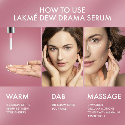 Lakme Dew Drama Serum, 6% Vit B3, E, F & Pro-Ceramides for Skin Barrier & Dewy Radiance (30ml)