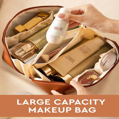 GUBB Multifunctional Travel Makeup Bag - Large Capacity Portable Leather Makeup Bag with Convinient & Durable Handle - Cosmetics Storage Bag with Waterproof PU Leather Fabric - Brown