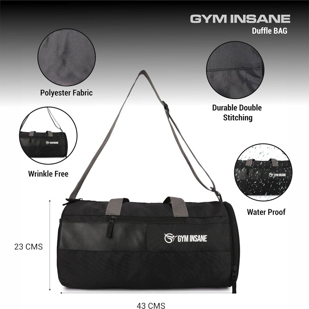 GYM INSANE Midnight VOYOGEAR Polyester Duffle Bag with Shoe Compartment for Men & Women - Color Black(21 Ltr)