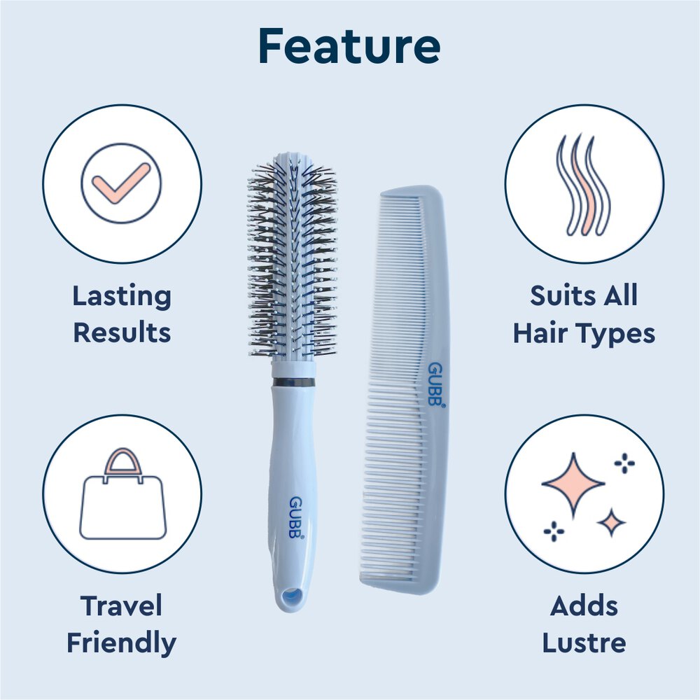 GUBB Grooming Stylish Combo of Round Rolling Curling Roller Comb Hair Brush & Half Coarse and Half Fine General Grooming Comb (Blue)