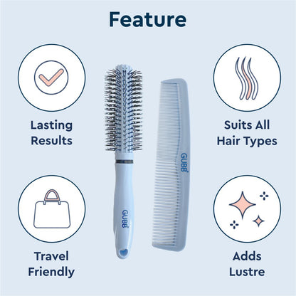 GUBB Grooming Stylish Combo of Round Rolling Curling Roller Comb Hair Brush & Half Coarse and Half Fine General Grooming Comb (Blue)