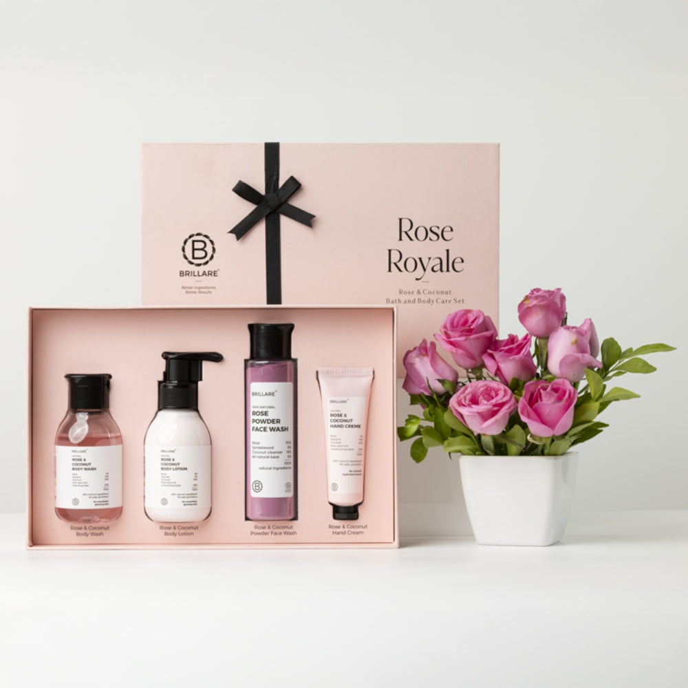 Brillare Rose Royale Gift Box | Rose & Coconut Body Wash, Body Lotion, Rose Powder Face Wash & Hand Crème | Luxurious & Nourishing Skincare For All Skin Types (Pack of 4)