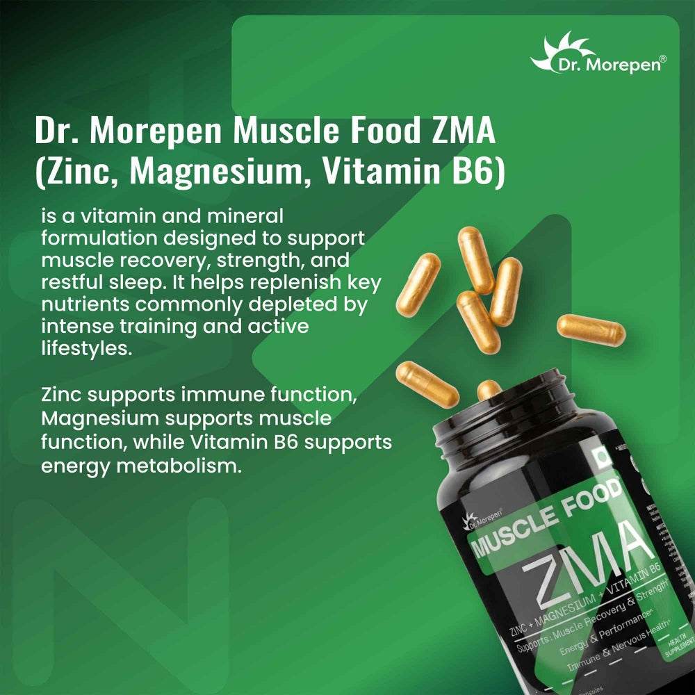 Dr. Morepen Muscle Food ZMA ZINC +MAGNESIUM + VITAMIN B6 Enhance recovery, sleep, and performance with essential ZMA support- 60 Capsules