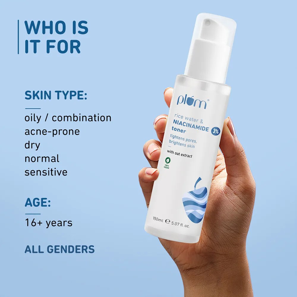 Plum 3% Niacinamide Alcohol-Free Toner with Rice Water, Reduces Pores & Blemishes for Bright Skin (150ml)