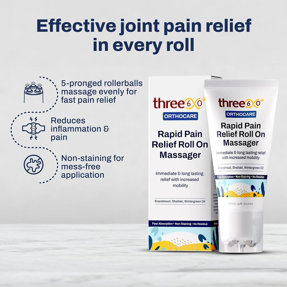 three60+ Rapid Pain Relief & Joint Mobility Combo (60 Tablets + 50ml Roll On Massager)