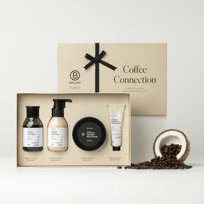 Brillare Coffee Connection Gift Box | Coffee & Coconut Body Wash, Body Lotion, Body Scrub & Hand Creme | Energizing & Nourishing Skincare For All Skin Types (Pack of 4)