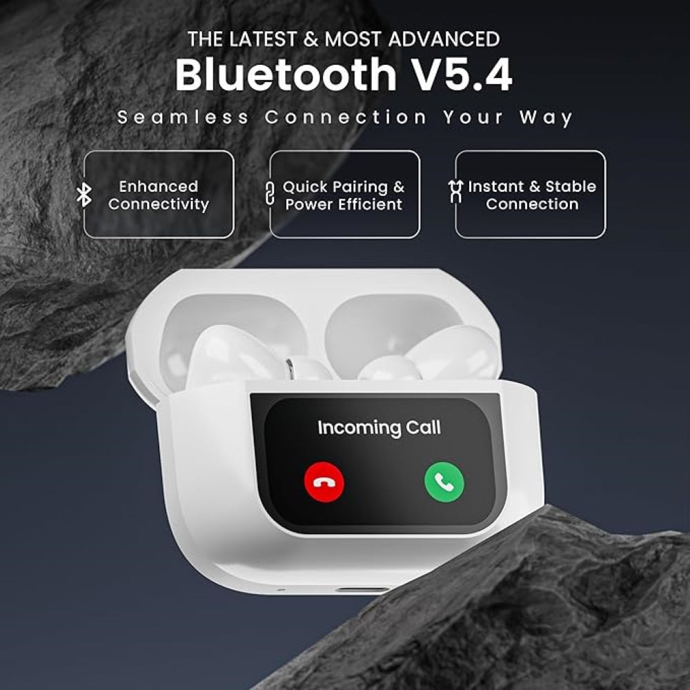 Hammer Screen TWS, ANC (32dB), Smart Touch Display, Type-C Fast Charging, Bv5.4, Find My Earbuds, 4 Mics ENC for Clear Calling (White)
