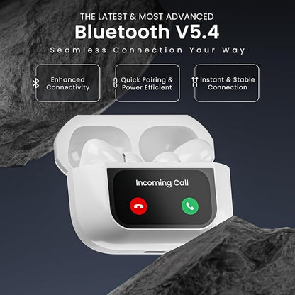 Hammer Screen TWS, ANC (32dB), Smart Touch Display, Type-C Fast Charging, Bv5.4, Find My Earbuds, 4 Mics ENC for Clear Calling (White)