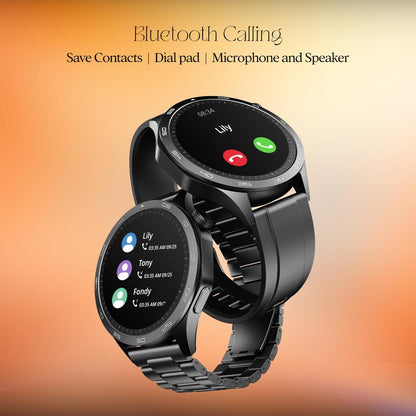 boAt Enigma Radiant Men's Luxury Watch w/Functional Crown,Bluetooth Calling, Upto 6 Days Battery, Sports Modes, Guided Breathing, 1.43"(3.63 cm) AMOLED Display Fitness Smart Watch (Metal Black)