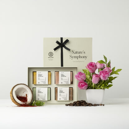 Brillare Nature’s Symphony Bathing Bar Gift Box | Saffron & Coconut Bathing Bar, Mint & Coconut Bathing Bar, Rose & Coconut Bathing Bar, Coffee & Coconut Bathing Bar (Pack of 4)