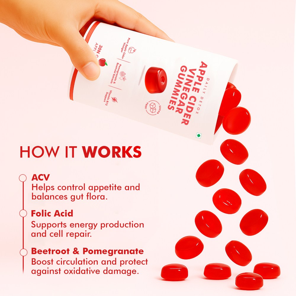 Dr. Morepen Apple Cider Vinegar Gummies with Pomegranate, Beetroot & Vitamin B12, Sugar-Free Daily Detox Supplement  Apple Flavour, 30 Gummies