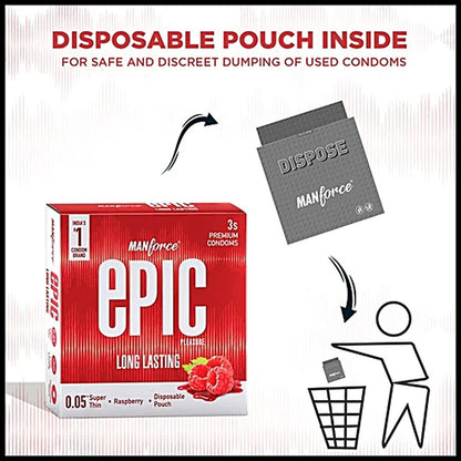 Manforce Epic Pleasure Long Lasting Premium Condom for Men, Super Thin - Raspberry Flavour with Disposable Pouch (3 pcs)