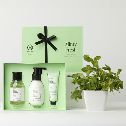Brillare Minty Fresh Gift Box | Mint & Coconut Body Wash, Body Lotion & Hand Crème | Revitalising & Refreshing Skincare For All Skin Types (Pack of 3)