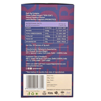 Green Brrew Instant Green Coffee-Hazelnut (20 Sachets)
