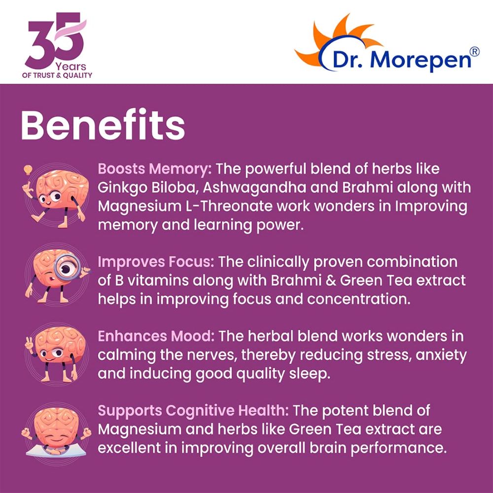 Dr. Morepen Memory Booster Tablets With  Ginko Biloba Ashwagandha & Brahmi (60 Veg Tablets)