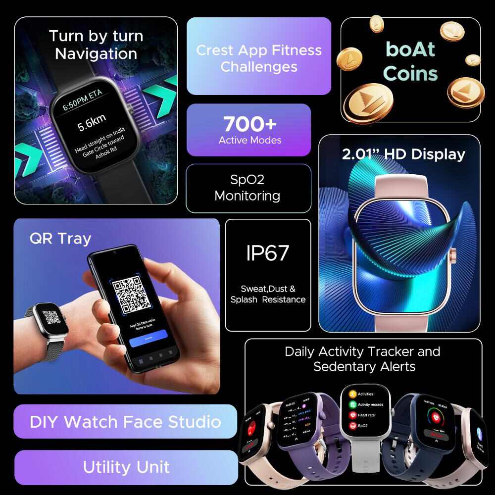boAt Wave Sigma 3 w/Turn-by-Turn Navigation, 2.01" HD Display, Bluetooth Calling, Crest+ OS, QR Tray, Watch Face Studio, Coins, Emergency SOS Smart Watch for Men & Women (Cherry Blossom)