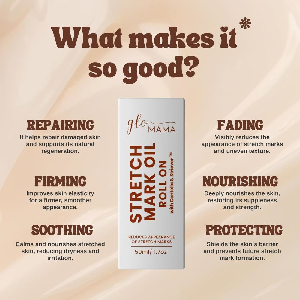 GLO Mama Stretch Mark Oil Roll-On for Pregnancy | With Centella Asiatica & Striover | Prevents & Reduces Stretch Marks | Doctor-Formulated, Safe for Moms-to-Be