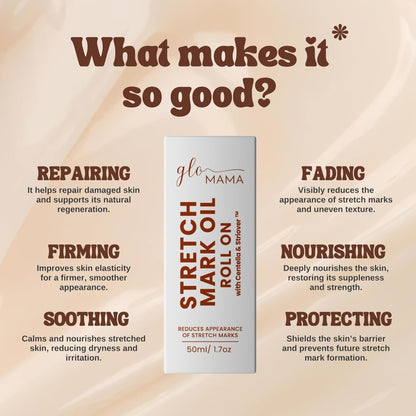 GLO Mama Stretch Mark Oil Roll-On for Pregnancy | With Centella Asiatica & Striover | Prevents & Reduces Stretch Marks | Doctor-Formulated, Safe for Moms-to-Be