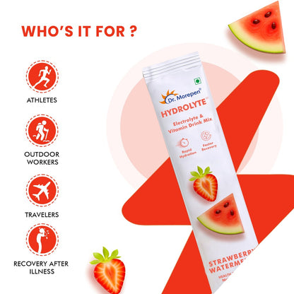 Dr. Morepen Hydrolyte Electrolyte & Vitamin Drink Mix for Rapid Hydration & Faster Recovery, Strawberry Watermelon Flavour  10 Sachets (8.8g Each)