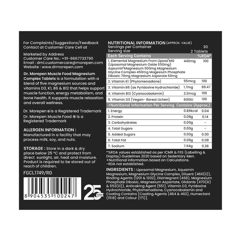 Dr. Morepen Muscle Food 5 Magnesium Complex- Advanced Magnesium Complex with 5 Magnesium Blend- 60 Tablets