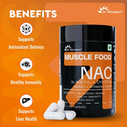 Dr. Morepen Muscle Food NAC N-ACETYL-L CYSTEINE Advanced antioxidant support for detox, immunity, and recovery- 60 Capsules