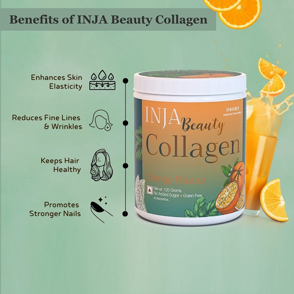 INJA Beauty Collagen for Skin, Hair & Nails, with Vitamin C, Glutathione, Biotin & More (Orange Flavour, 125 gms)