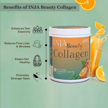 INJA Beauty Collagen for Skin, Hair & Nails, with Vitamin C, Glutathione, Biotin & More (Orange Flavour, 125 gms)