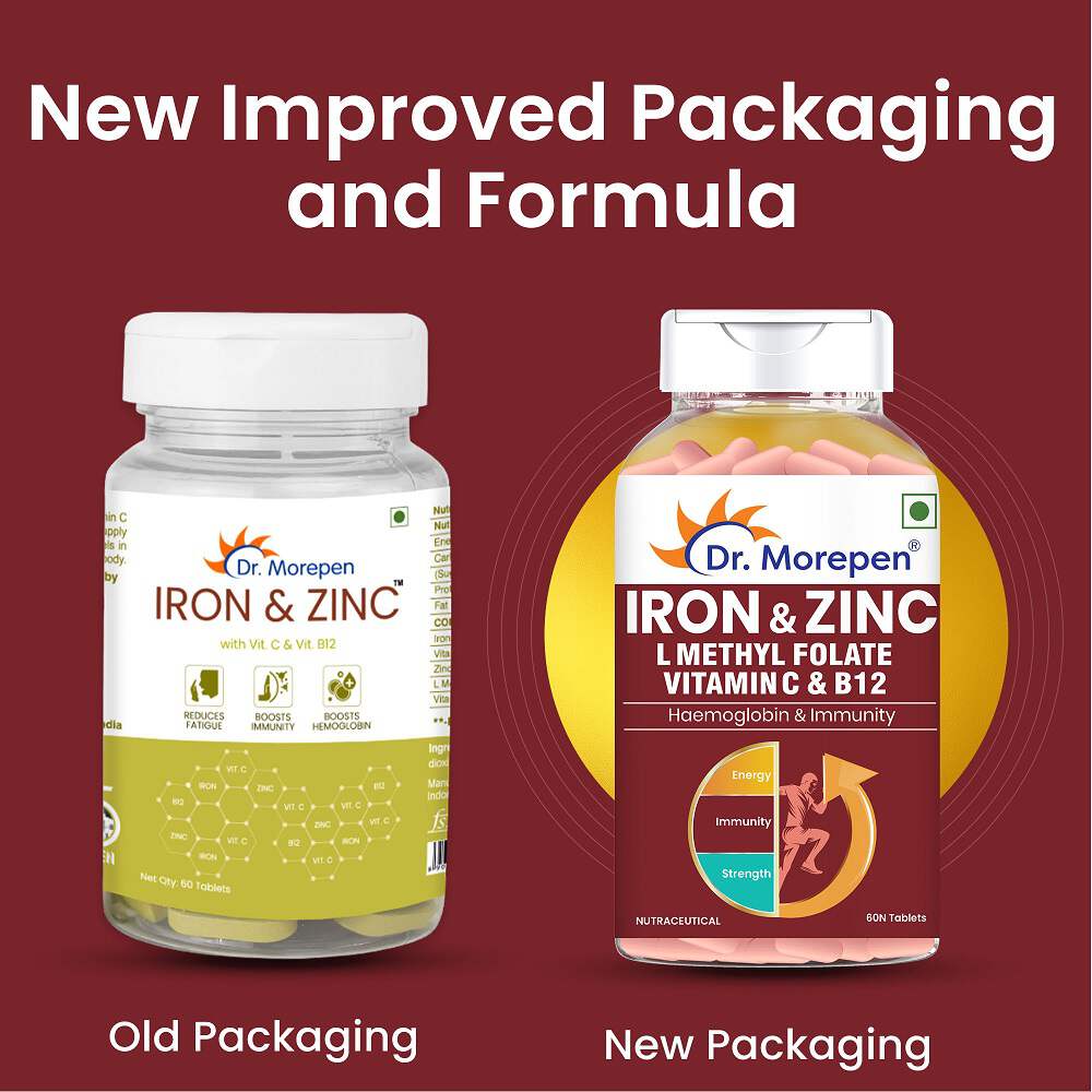 DR. MOREPEN Iron & Zinc Tablets with Vitamin C & B12 for Immunity & Hemoglobin Boost- (60 Veg Tablets)