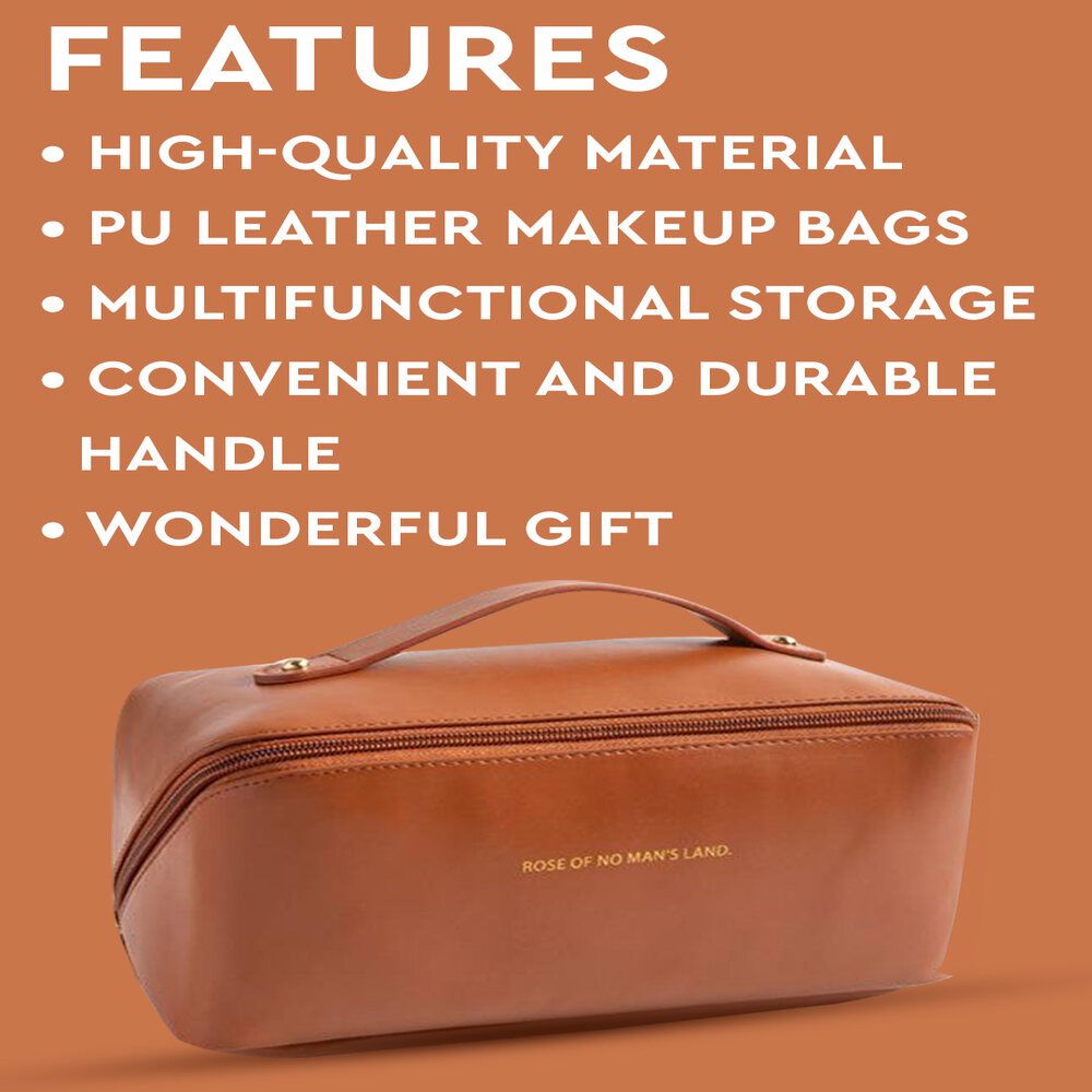 GUBB Multifunctional Travel Makeup Bag - Large Capacity Portable Leather Makeup Bag with Convinient & Durable Handle - Cosmetics Storage Bag with Waterproof PU Leather Fabric - Brown
