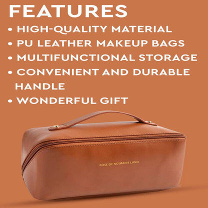 GUBB Multifunctional Travel Makeup Bag - Large Capacity Portable Leather Makeup Bag with Convinient & Durable Handle - Cosmetics Storage Bag with Waterproof PU Leather Fabric - Brown