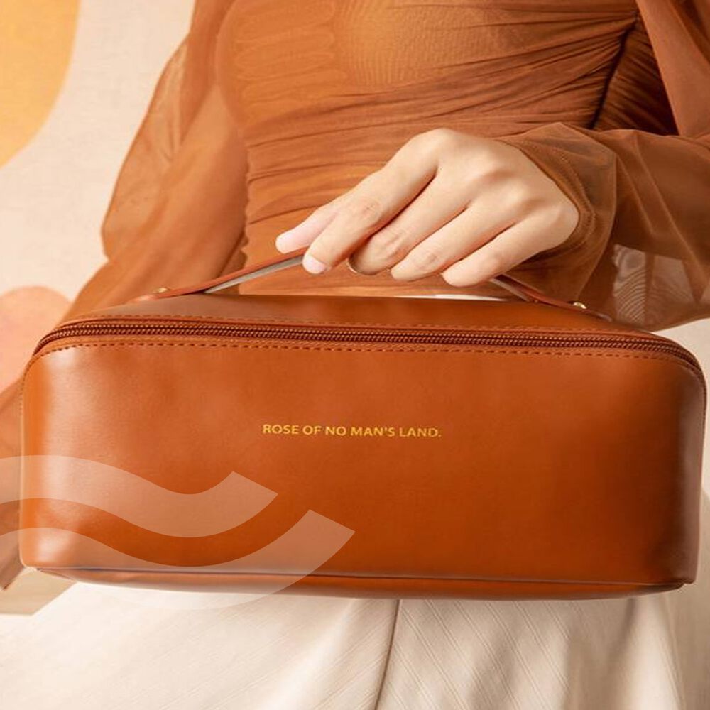 GUBB Multifunctional Travel Makeup Bag - Large Capacity Portable Leather Makeup Bag with Convinient & Durable Handle - Cosmetics Storage Bag with Waterproof PU Leather Fabric - Brown