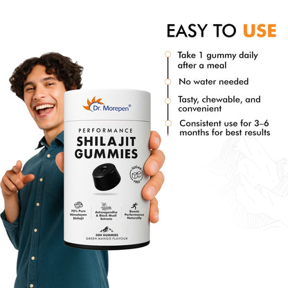 Dr. Morepen Shilajit Gummies with 70% Pure Himalayan Shilajit, Ashwagandha & Black Musli Extracts, Sugar-Free Performance Booster  Green Mango Flavour, 30 Gummies