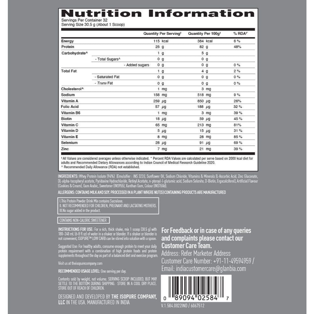 Isopure Whey Protein Isolate Powder with Vitamins for Immune Support - Cookies & Cream- (1 kg)