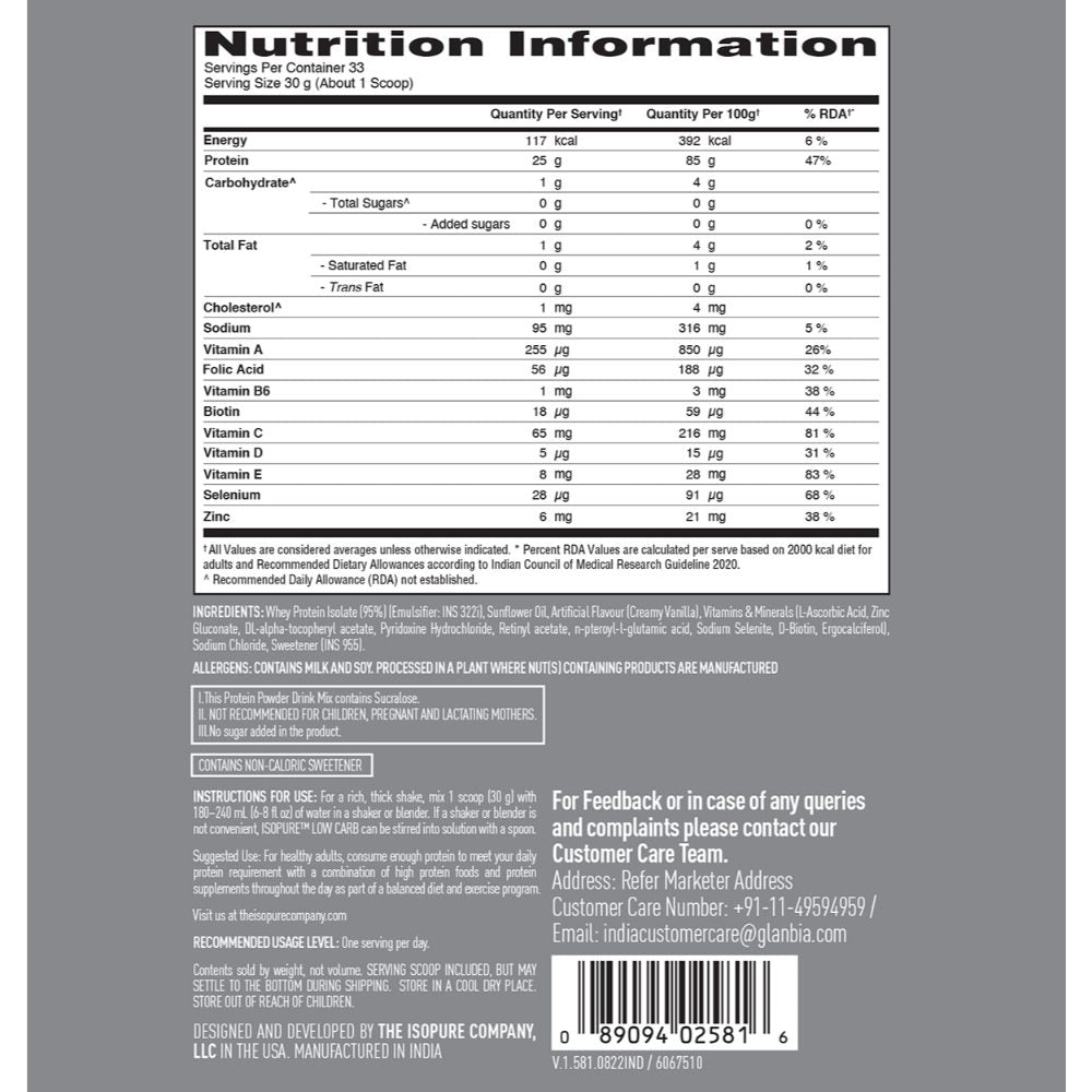 Isopure Whey Protein Isolate Powder with Vitamins for Immune Support - Creamy Vanilla (1 kg)