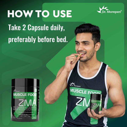 Dr. Morepen Muscle Food ZMA ZINC +MAGNESIUM + VITAMIN B6 Enhance recovery, sleep, and performance with essential ZMA support- 60 Capsules