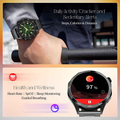 boAt Enigma Radiant Men's Luxury Watch w/Functional Crown,Bluetooth Calling, Upto 6 Days Battery, Sports Modes, Guided Breathing, 1.43"(3.63 cm) AMOLED Display Fitness Smart Watch (Metal Black)