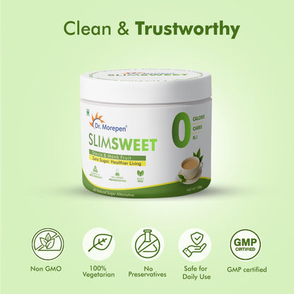 Dr. Morepen SlimSweet Natural Sugar Substitute with Stevia & Monk Fruit | Zero Calorie, Zero Sugar Sweetener | Keto-Friendly, Diabetic-Safe Sugar Alternative | 150g