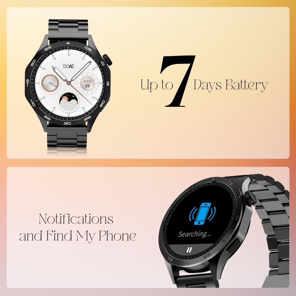 boAt Enigma Radiant Men's Luxury Watch w/Functional Crown,Bluetooth Calling, Upto 6 Days Battery, Sports Modes, Guided Breathing, 1.43"(3.63 cm) AMOLED Display Fitness Smart Watch (Metal Black)
