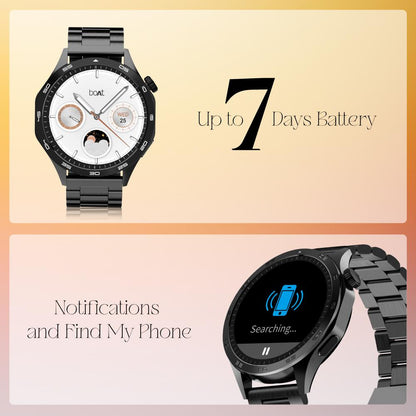 boAt Enigma Radiant Men's Luxury Watch w/Functional Crown,Bluetooth Calling, Upto 6 Days Battery, Sports Modes, Guided Breathing, 1.43"(3.63 cm) AMOLED Display Fitness Smart Watch (Metal Black)