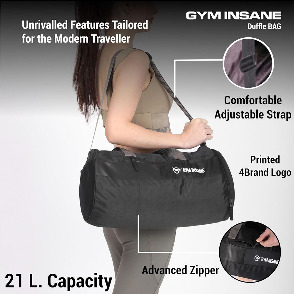 GYM INSANE Midnight VOYOGEAR Polyester Duffle Bag with Shoe Compartment for Men & Women - Color Black(21 Ltr)