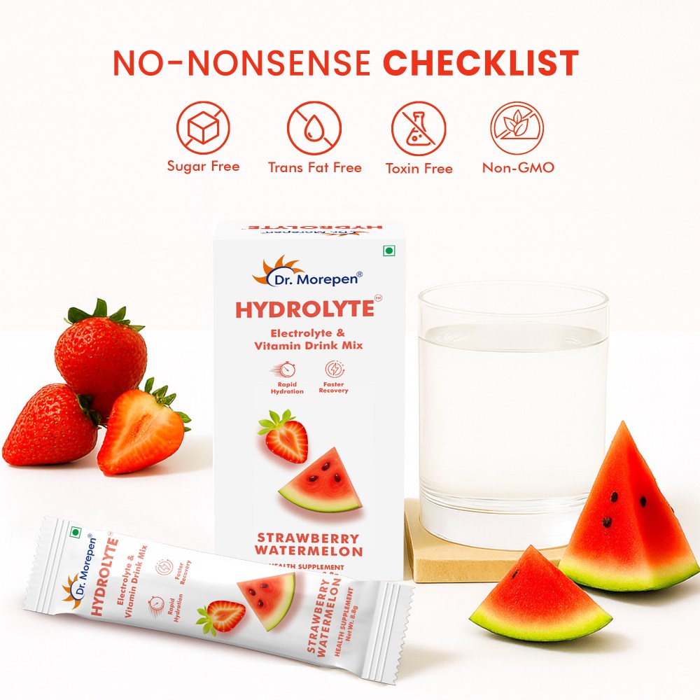 Dr. Morepen Hydrolyte Electrolyte & Vitamin Drink Mix for Rapid Hydration & Faster Recovery, Strawberry Watermelon Flavour  10 Sachets (8.8g Each)
