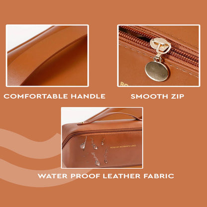 GUBB Multifunctional Travel Makeup Bag - Large Capacity Portable Leather Makeup Bag with Convinient & Durable Handle - Cosmetics Storage Bag with Waterproof PU Leather Fabric - Brown
