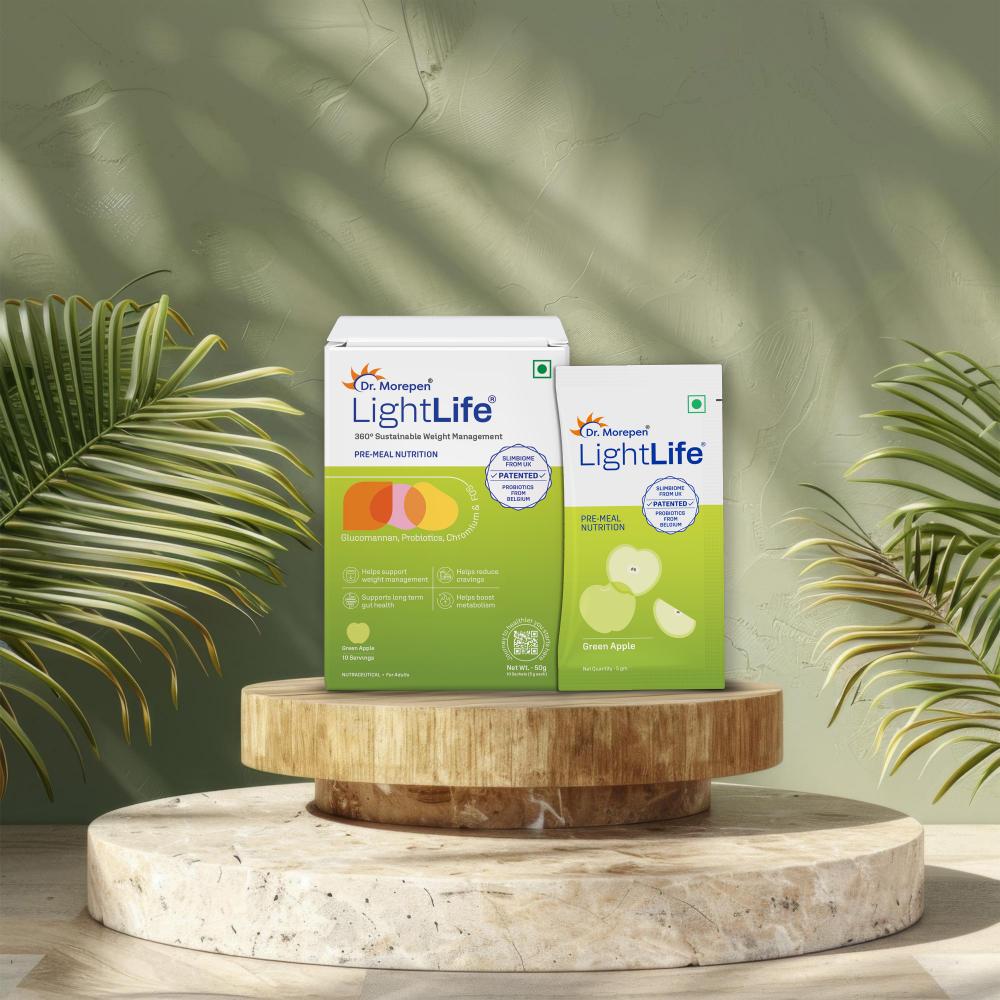 Dr. Morepen LightLife Pre-Meal Nutrition Mix | Sustainable Weight Management Support for Men & Women | Appetite Control & Metabolism Booster | 10 Sachets (5g Each) | Flavor-Green Apple